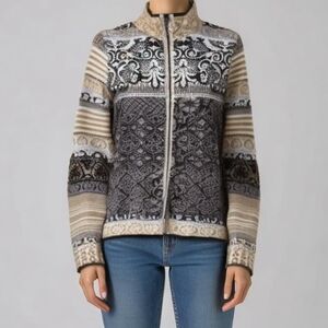 ICELANDIC DESIGN Grey & Cream Fair Isles Knit Zipper Front Cardigan Size Small